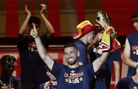 El jugador de la selección española Unai Simón durante la celebración del Mundial en Madrid