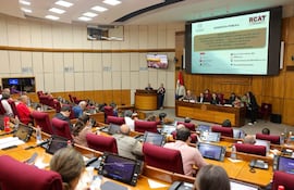 Multitud presente en la audiencia pública, algunos tomando notas, otros revisando sus teléfonos en un ambiente legislativo moderno.