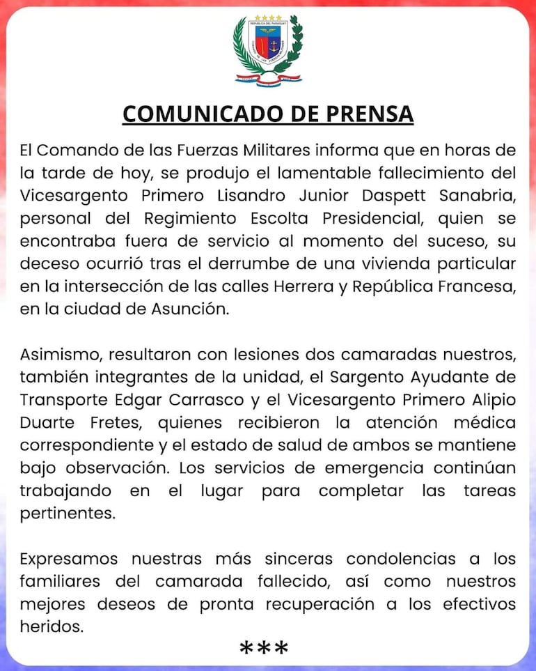 Comunicado de prensa con el texto sobre el fallecimiento de Lisandro Junior Daspett Sanabria y lesiones de otros camaradas.