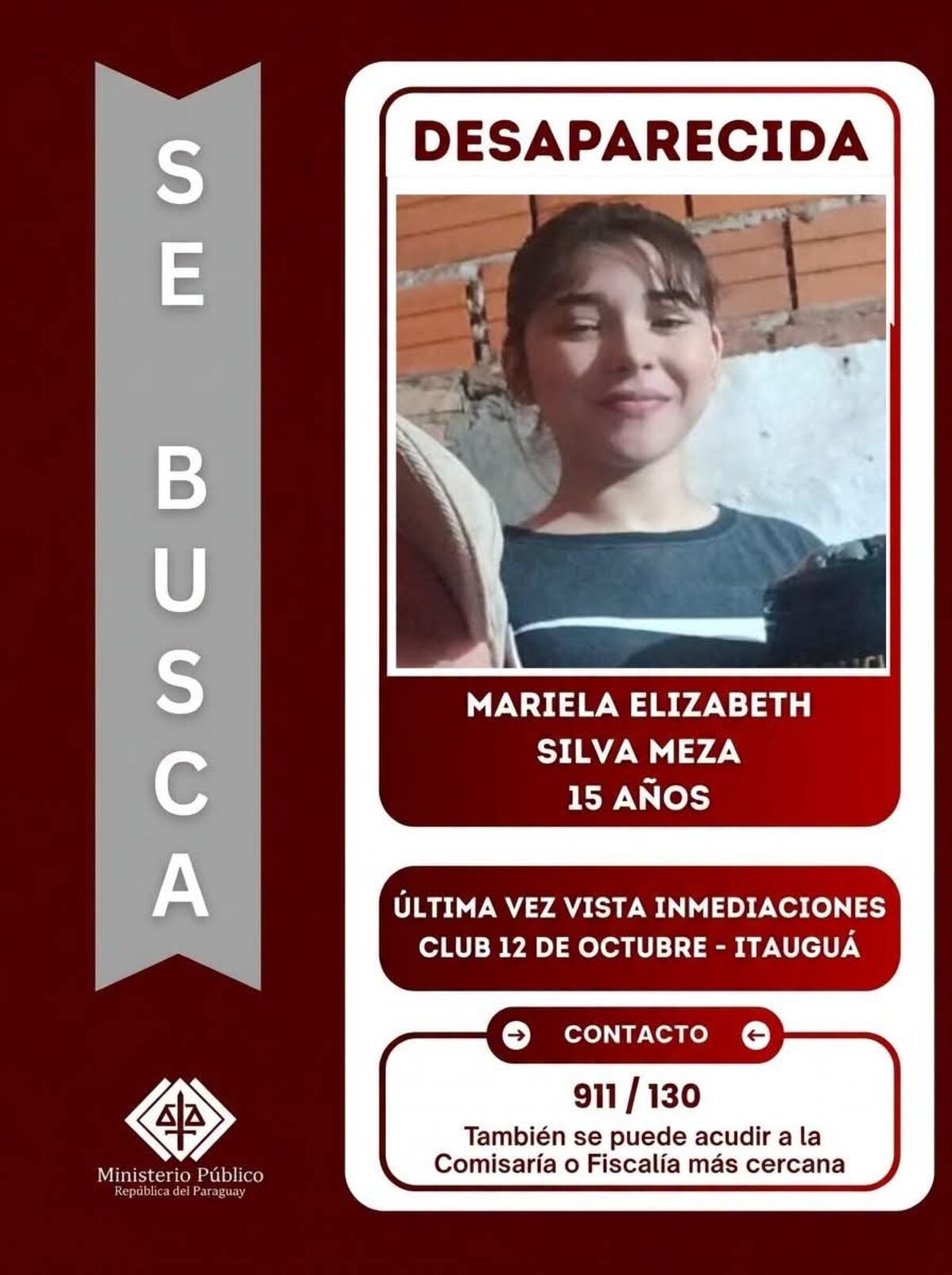 Itauguá: piden colaboración para dar con paradero de adolescente desaparecida