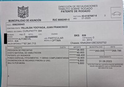 La habilitación vehicular de Juan Villalba, director de la Policía Municipal de Tránsito (PMT) aún no fue pagada al 4 de agosto del 2023. La patentes asuncenas vencieron en junio pasado.