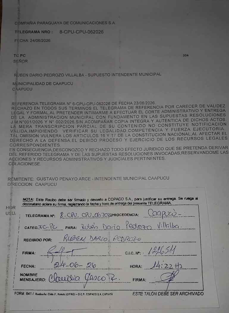 El telegrama colacionado fue enviado por el intendente renunciante Gustavo Penayo Arce (ANRHC), al intendente interino Rubén Pedrozo (ANR).