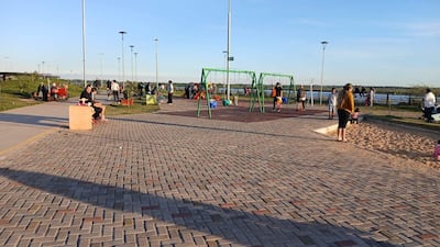 Grupos de familias y niños jugando en parque al aire libre, con columpios y tobogán en un entorno natural.