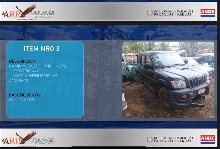 Uno de los 100 vehículos que se subastarán aparece así en el catálogo de la ANDE.