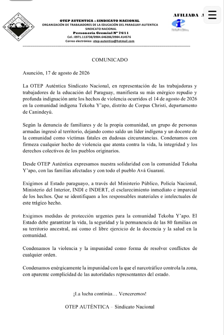 Comunicado de la OTEP Auténtica-Sindicato Nacional.