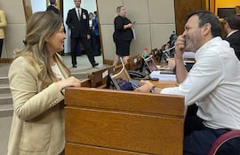 La diputada Cristina Villalba, presidenta de Presupuesto de Diputados junto a su colega Miguel del Puerto en la sesión de hoy.