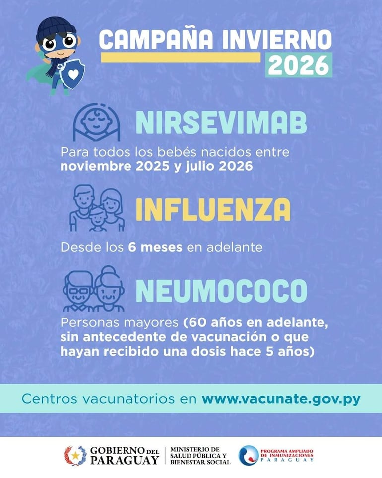 Cartel informativo colorido sobre la Campaña Invierno 2026, destacando vacunas para bebés y mayores de 60 años.