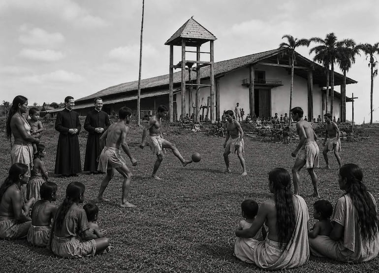 Grupo de jóvenes guaraníes jugando al fútbol. Mujeres y niños observan, mientras dos hombres con sotanas están al fondo.