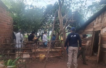Hombres en uniforme policial y camisa blanca en área rural, investigando en un entorno natural con árboles y vegetación.