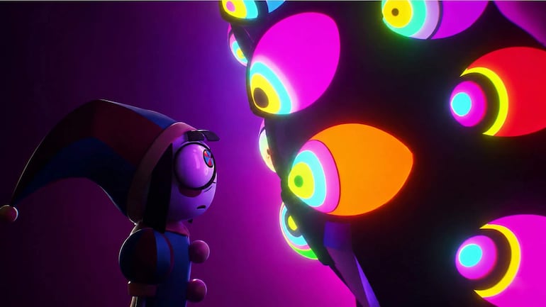 Escena iluminada en morado con gráficos artísticos, sin figuras humanas visibles.
