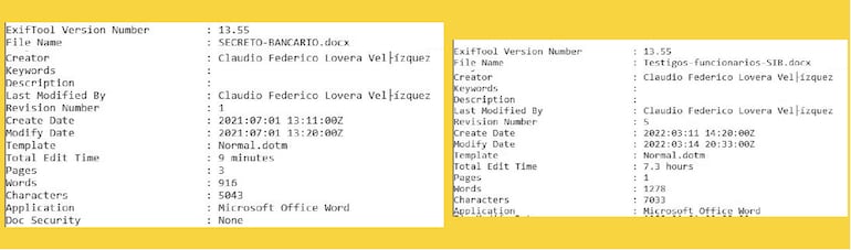 Detalle de los metadatos en los cuales aparece el nombre de Claudio Lovera como  autor de los documentos “copiados” por Fiscalía.