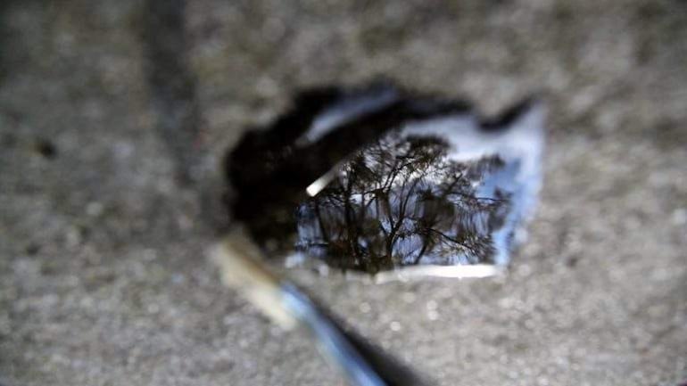 Bache en pavimento de concreto con charco reflejando árboles y cielo en un entorno exterior.