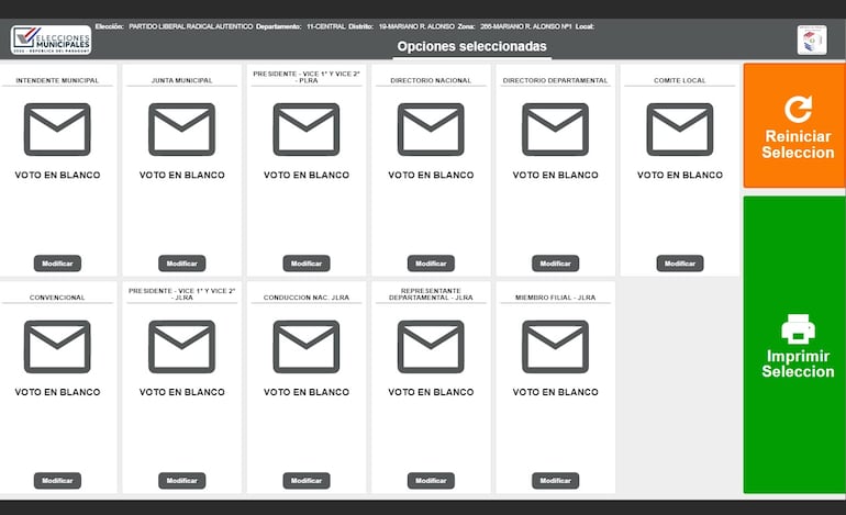 Papeleta en blanco de un afiliado del PLRA en las internas municipales