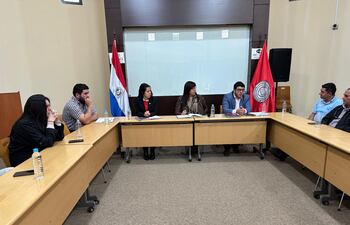 La rectora de la UNA, Zully Vera, en la mesa de trabajo con estudiantes y referentes de Capiibary, esta mañana en el campus de San Lorenzo.