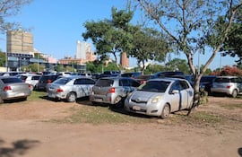 Numerosos vehículos desorganizados en la Plaza España, rodeados de vegetación, bajo un cielo despejado.