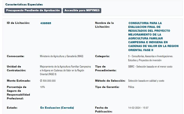 Llamado a licitación del MAG que está en etapa de evaluación. El ente prevé destinar G. 500 millones por consultorías, según el portal de la DNCP.