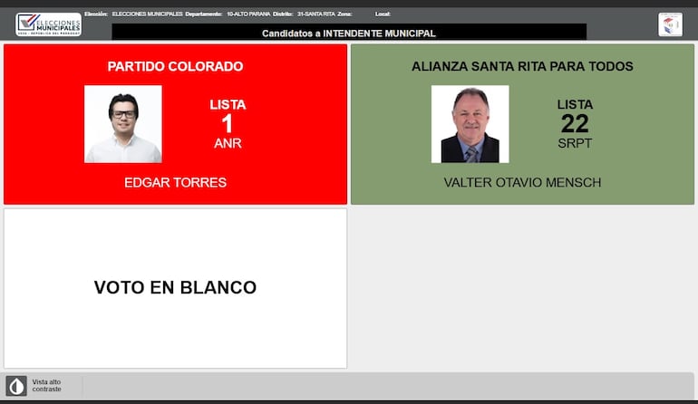 Pantalla de votación para la intendencia de Santa Rita.