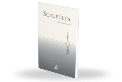 Portada del libro 'Scrupŭlus' con diseño sencillo y figura humana en superficie reflectante.