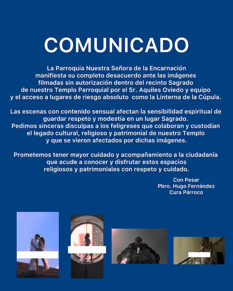 La Parroquia Nuestra Señora de la Encarnación emitió un comunicado tras la polémica por la difusión de un material audiovisual filmado en el predio.