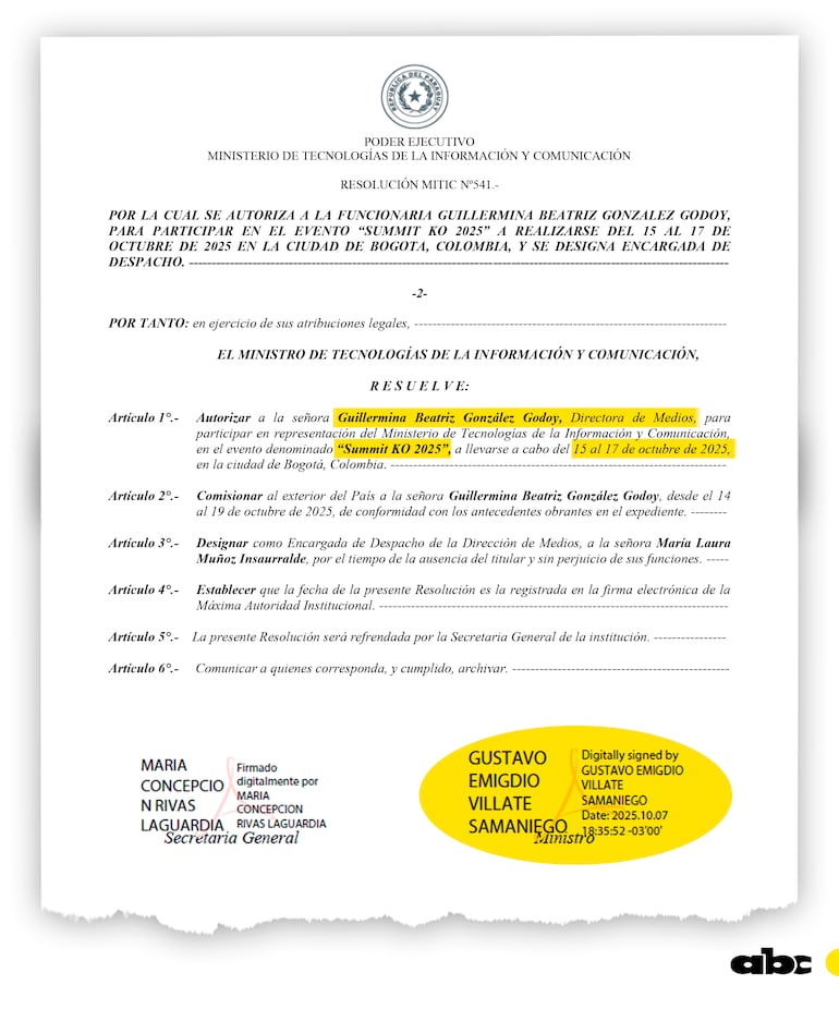 La Resolución Mitic Nº 541/2025, firmada por el ministro Gustavo Villate, autorizó el viaje de Guillermina González a Colombia.