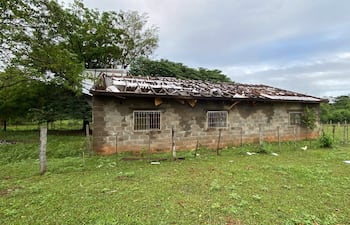 Estructura deteriorada con puerta gris y arte colorido en pared, rodeada de árboles grandes y terreno de tierra.