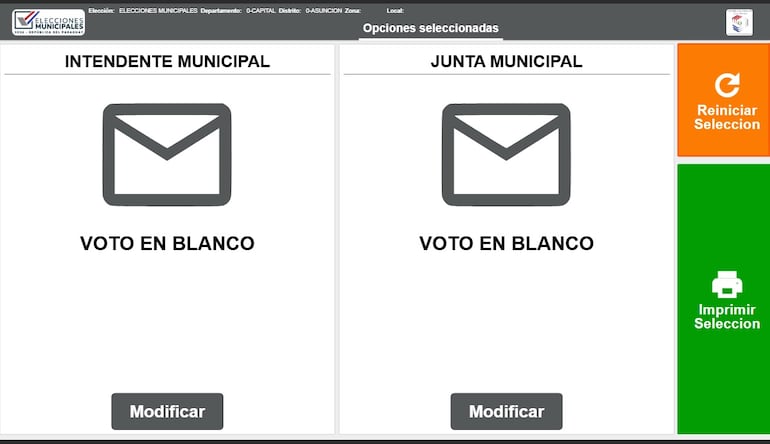 Pantalla de votación para Asunción con voto en blanco en Intendente y concejal.