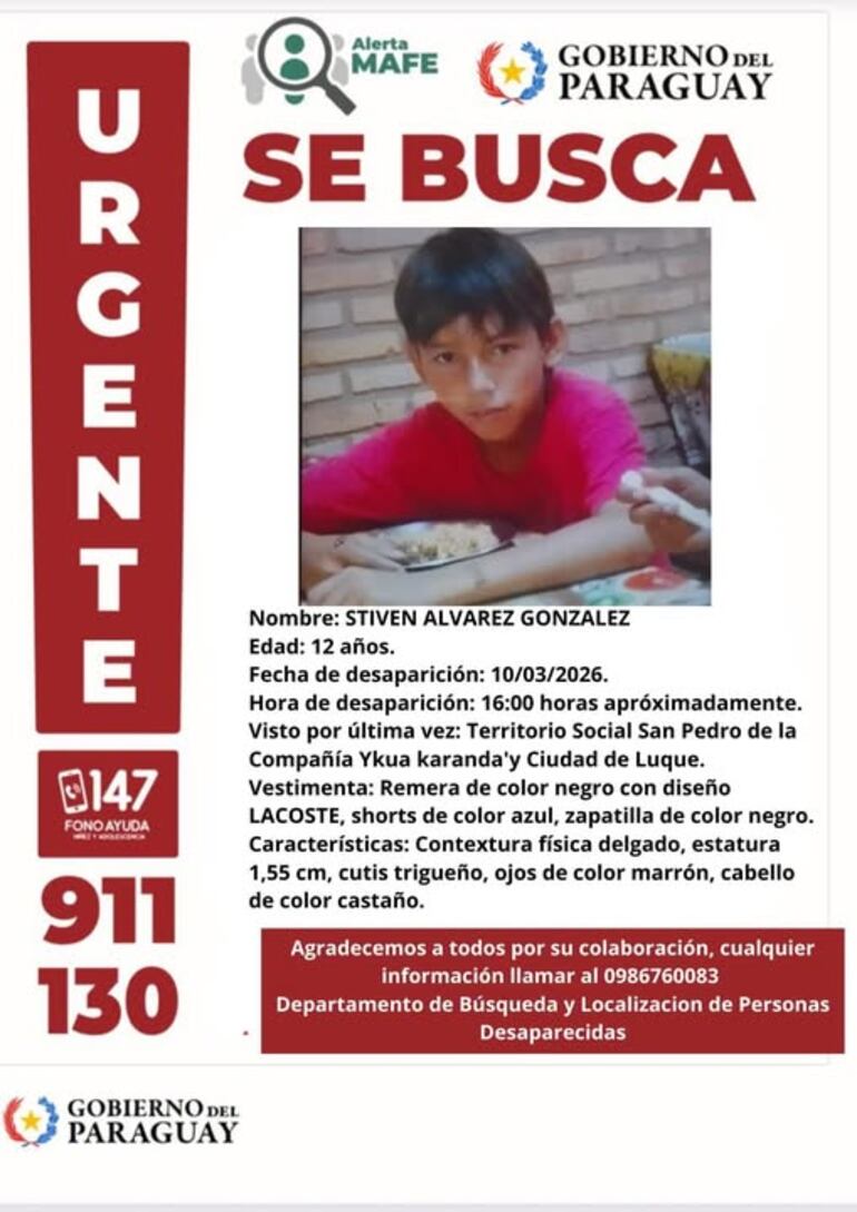 Alerta MAFE buscan a adolescentes desaparecidos este martes en Luque.