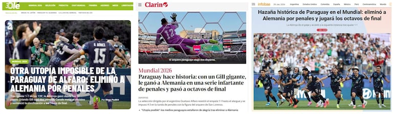 Medios internacionales se hicieron eco de la conquista Albirroja ante Alemania. Los medios de Argentina, como Clarin, Olé e Infobae reaccionaron al la victoria de Paraguay en el Mundial 2026.