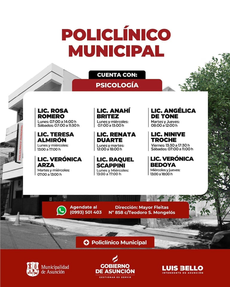 Póster informativo del Policlínico Municipal con detalles sobre profesionales y horarios, sin personas visibles.