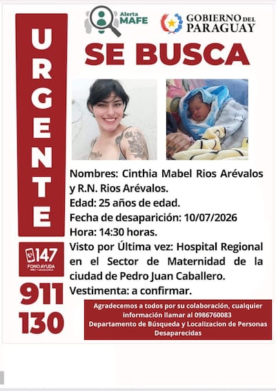 Aviso de búsqueda con fotografía de Cinthia Mabel Rios Arévalos, mujer joven con cabello oscuro, y un bebé envuelto en manta.