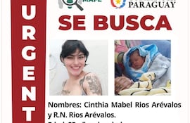 Aviso de búsqueda con fotografía de Cinthia Mabel Rios Arévalos, mujer joven con cabello oscuro, y un bebé envuelto en manta.