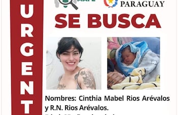Aviso de búsqueda con fotografía de Cinthia Mabel Rios Arévalos, mujer joven con cabello oscuro, y un bebé envuelto en manta.