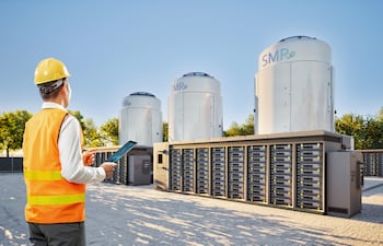 Engineer or technician work at small modular nuclear reactors power plant with energy storage systems