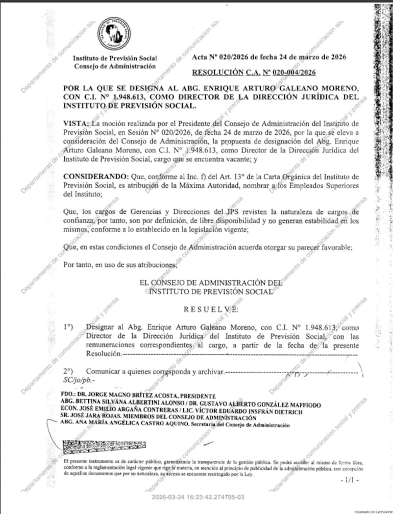 Resolución del IPS por el que se designa al abogado Enrique Galeano como responsable de la Dirección Jurídica.
