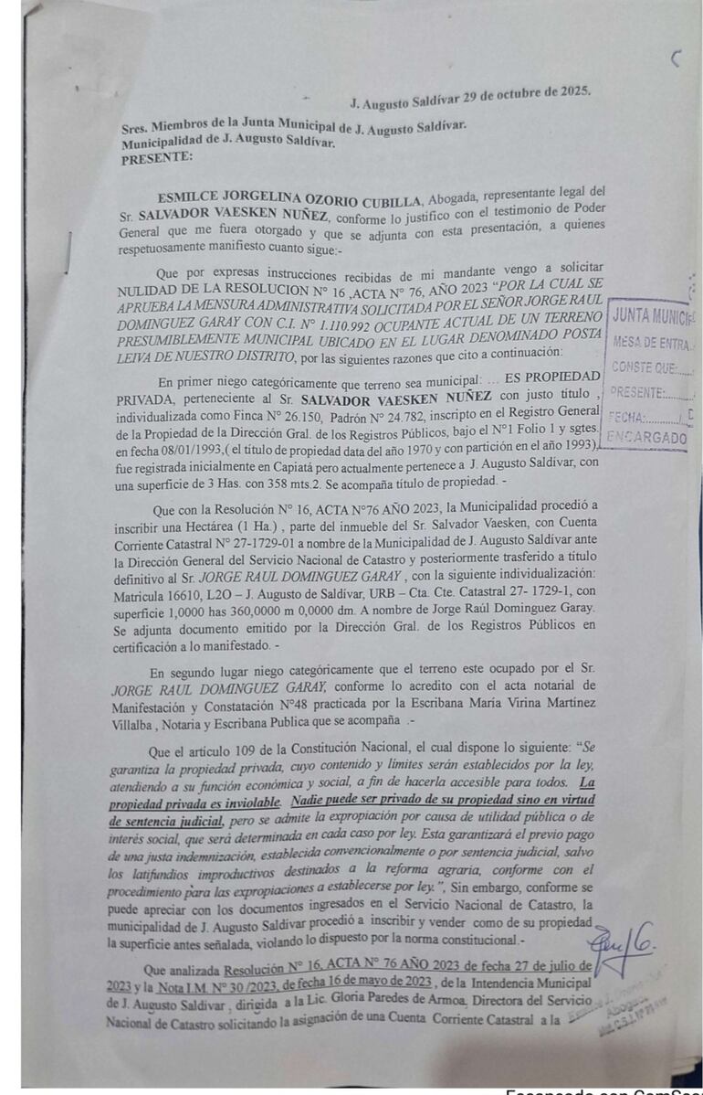 Parte de la nota presentada a la Junta Municipal de JAS para solicitar la anulación de la resolución que autoriza la mensura administrativa.