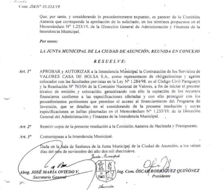 Documento oficial de la Junta Municipal de Asunción con texto visible sobre aprobación de servicios, sin personas presentes.
