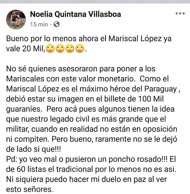 Publicación de Noelia Quintana Villasboa sobre el billete de 20.000 guaraníes, con texto crítico sobre Mariscal López.