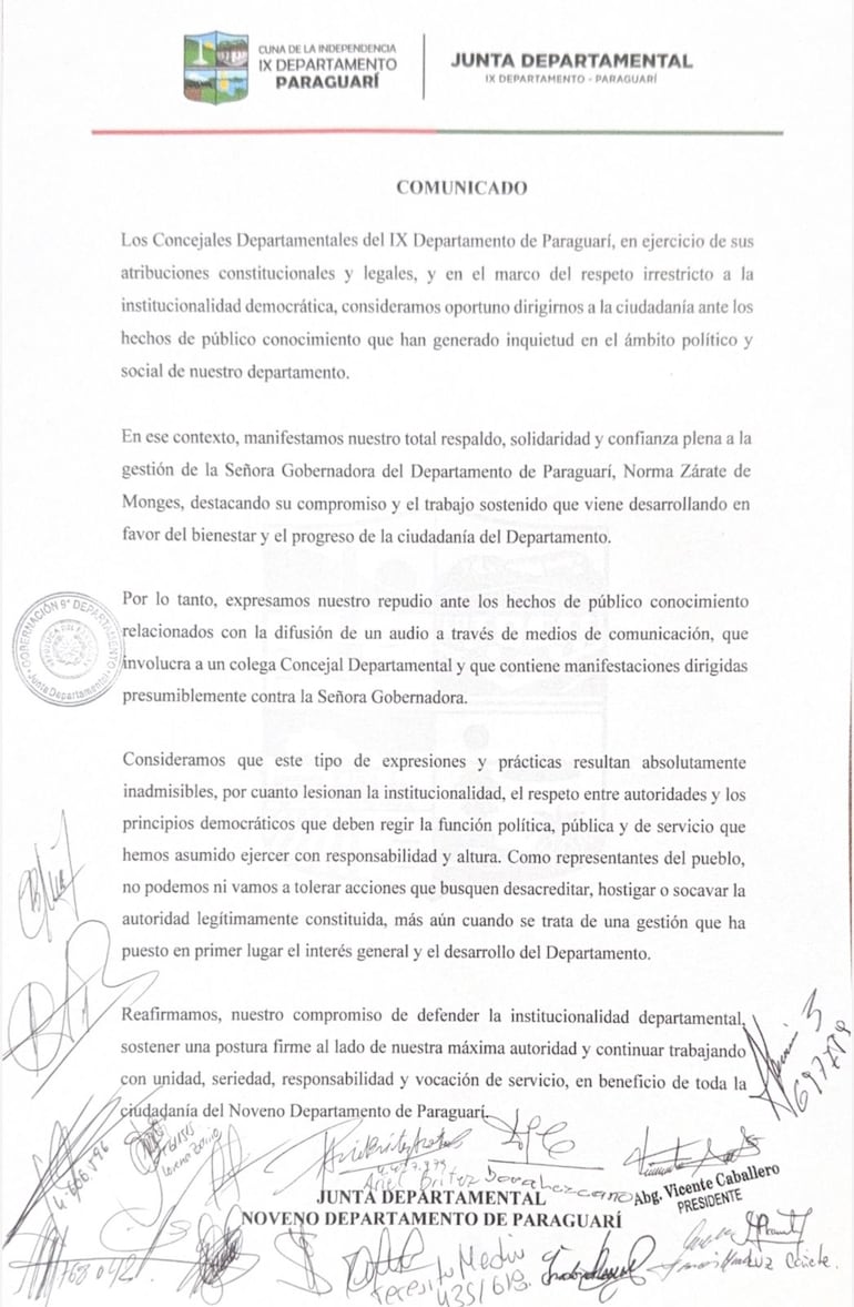 Comunicado de la Junta Departamental de Paraguarí.