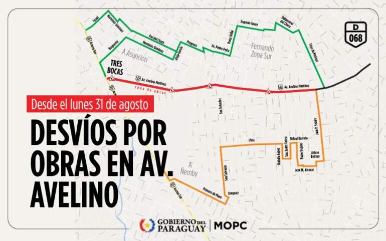 Mapa de desvíos en la avenida Avelino Martínez, con rutas codificadas por colores y aviso sobre el inicio de modificaciones.