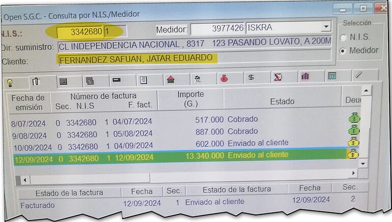 Captura del registro interno de facturación para el legislador cartista e integrante de la CBI que investiga el lavado.