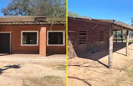 El comedor nuevo (izquierda) y el aula que se cae a pedazos en la Escuela Básica N° 7586 AOE, de la comunidad Chaidi del Pueblo Ayoreo Totobiegosode en Alto Paraguay.