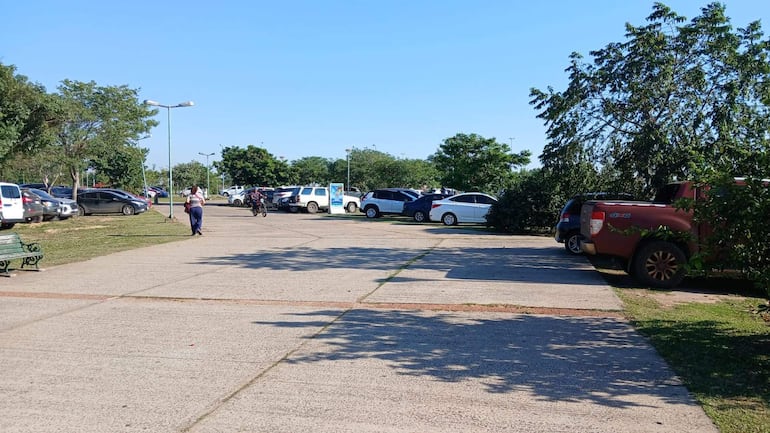 Mujer con bolso camina por sendero pavimentado, rodeada de autos en la Plaza España, un parque con áreas verdes y árboles.