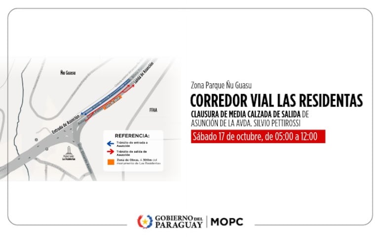 El tránsito hacia Luque circulará por media calzada sobre la avenida Silvio Pettirossi, este sábado, por trabajos en el Corredor Vial Las Residentas.