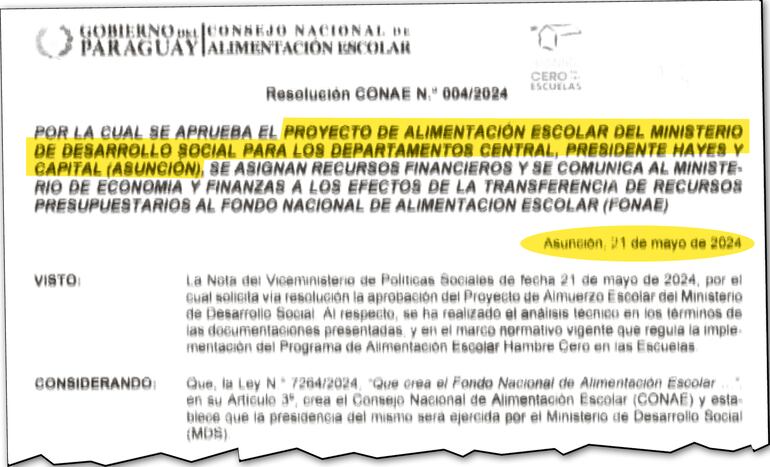 Resolución del Conae del 21 de mayo de 2024 por la cual se aprueba el proyecto de alimentación presentado ese mismo día.