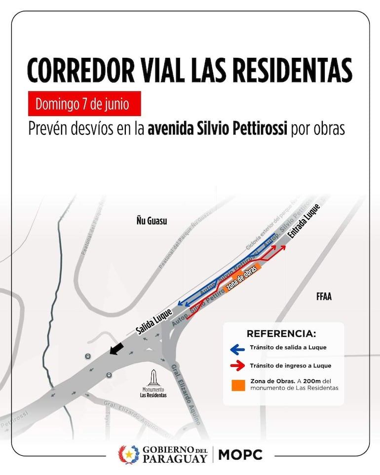 Mapa informativo del Corredor Vial Las Residentas que muestra desvíos en Silvio Pettirossi y la zona de obras relacionadas.