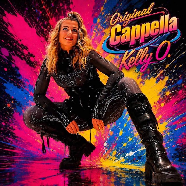 Kelly O, vestida elegantemente, canta apasionadamente en el escenario con una expresión de felicidad.