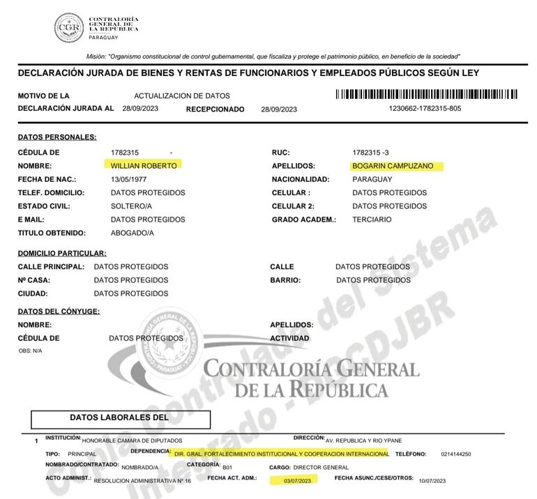 Declaración Jurada de Willian Bogarín Campuzano.