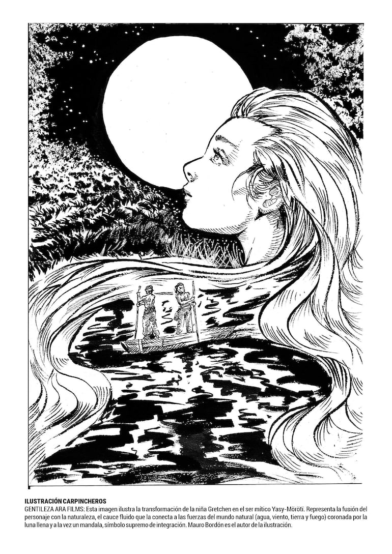 Ilustración artística de mujer transformándose en Yasy-Möröti con figuras masculinas en barco, rodeadas de agua y naturaleza.
