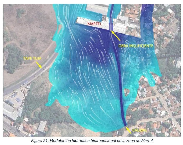 Mapa mostrando modelación hidráulica en la zona de Martel, con etiquetas en amarillo destacando zonas de interés.
