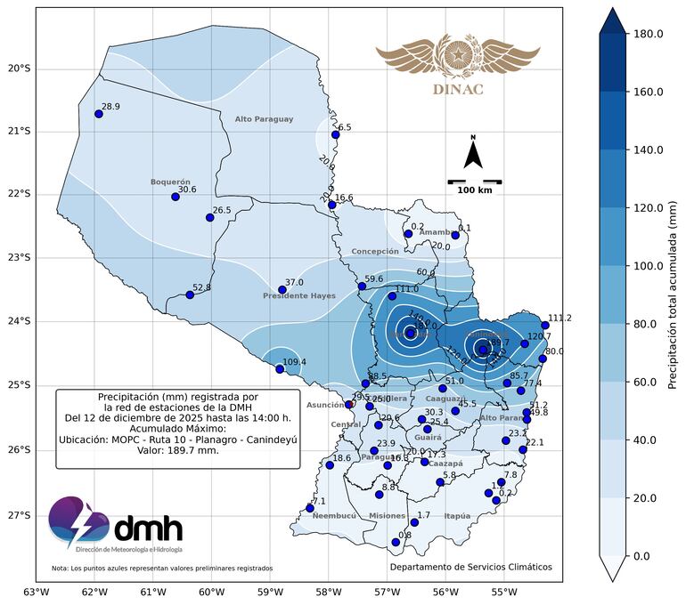 La lluvia acumulada supera los 180 mm en varios puntos del país.